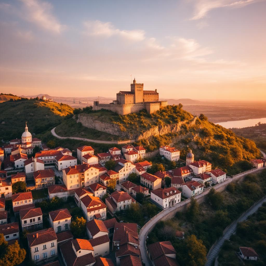 Vila de Belver ao pôr do sol com o castelo no cimo da colina