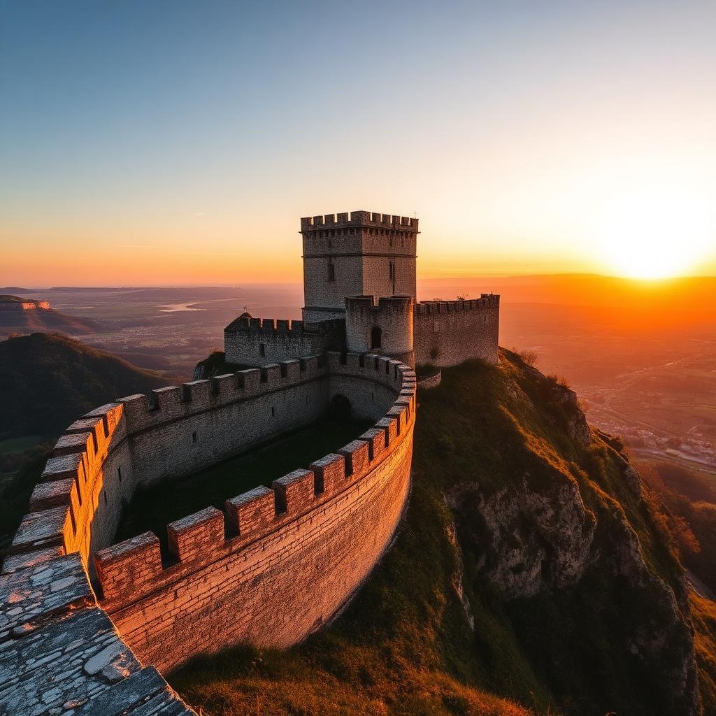 Muralhas e torre de menagem do Castelo de Belver ao pôr do sol