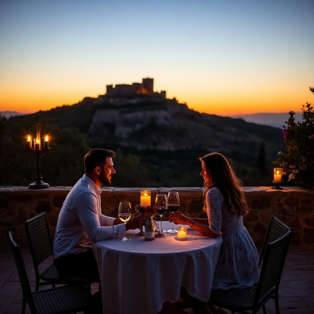 Jantar romântico à luz de velas num terraço com vista para o castelo